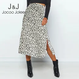 Joco jole kvinnor hög midja dragkedja split midi kjol sommar mode leopard print chiffong kjolar kvinnlig slim en linje klänningar 210518