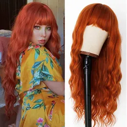 オレンジ色のゆるい巻き巻き波のかつらを備えたきちんとした前髪の耐熱合成繊維髪