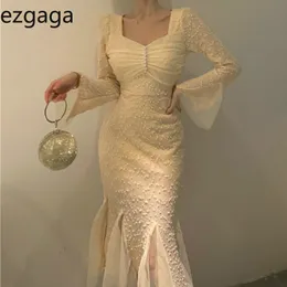 Ezgaga Elegant Mermaid Dress Women Long Sleeve Mesh Autumn Winter V-Neck Mesh Patchwork Bead Party Dress Sexy Vestidos Feminino 210430