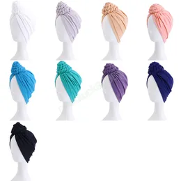 Flätad knuten Turban Headwrap Soild Color Bandanas Stretchy Beanies Hat Kvinnor Muslim Hijabs Party Outdoor Soft Headwear