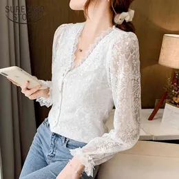 韓国の長袖トップVネックレースエレガントな白いブラウスかぎ針編みの花カーディガンビンテージシャツの女性11907 210415