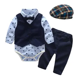 Baby kläder höst pojkar passar nyfödd gentleman partiet kostym mjuk bomull jumpsuit + shorts dop klänning nyfödd gåva set g1023