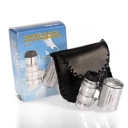 60x 2 i 1 Mini Pocket Smycken Juvelerare Magnetermätning UV Valuta Detektor Mikroskop Loupe Förstoringsglas Antikviteter Tyg med LED Light Handheld