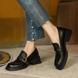 Dress Shoes Women Loafers 2022 Spring/Autumn Geniune Leather For Round Toe Chunky Heel Black Lady Pumps
