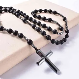 Natural Stone Frosted Black Onyx Catholic Christ Rosary Necklaces With Hematite Cross Pendant Men Necklace Meditation Jewelry