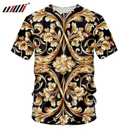 UJWI Brand Men Golden Flower T-shirt Summer 3D Print Blue T-Shirt Homme Short Sleeve Luxury Royal Baroque Clothes Tops 210716