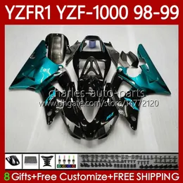 OEM Fairings för Yamaha YZF-R1 YZF1000 Cyan Flames YZF R 1 1000 CC YZFR1 98 99 00 01 Bodywork 82No.83 YZF R1 1000CC 1998 1999 2000 2001 YZF-1000 98-01 Motorcykel Body Kit