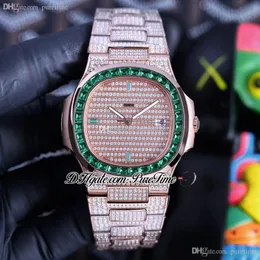 TWF 5719 PP324 A324 Automatic Mens Watch Rose Gold Green Gem Stick Fully Iced Out Paved Diamond Stainless Steel Bracelet Super Edition Jewelry Watches Puretime b2