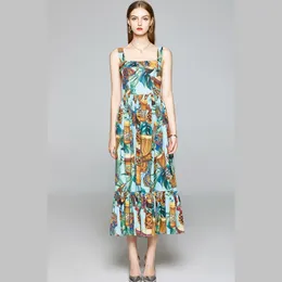 Summer Brand Designer Spaghetti Strap Boho Dress Women Elegant Floral Print Hight waist Slim Holiday Dresses 210514