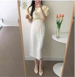 S-XL Spring 2 piece suit shourt sleeve summer Girls blouse Vintage Women Female solid long skirt suits Robe sold separately 210417