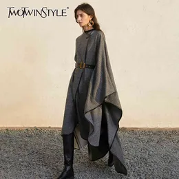 TWOTWINSTYLE Loose Patchwork Wool Jacket For Women O Neck Batwing Sleeve Casual Solid Cloak Coat Female Fashion 210517
