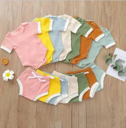 Baby designer kläder pojkar sommar kläder uppsättning godis vanlig artikel grop bomull kostym flickor romer triangel byxor 2pieces sätter bodysuits shorts outfits wmq1280