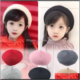 Kapelusze, szaliki Rękawiczki Akcesoria Drop Dostawa 2021 Dzieci Wełna Ciepła Wiosna Czyste Kolory Berets Jesień Dzieci Cute Beret Hats Baby Girl Hat