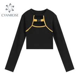 Sexy Bodycon Crop Tees Tops Black Chest Button Retro Streetwear Long Sleeve T Shirts For Women Clubwear Slim Skinny Female Tops 210417