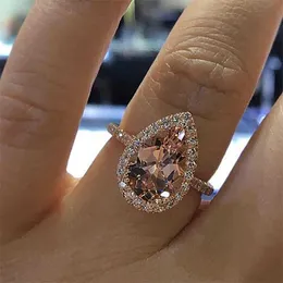 Anéis das mulheres jóias de cristal 18k de 18k rosa ouro anel de diamante embutido, elegante conjunto de gota de pêra para estilos de banda feminina