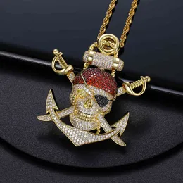 Iced Out Bling Cubic Zirconia Anchor Piratskalle Koppar Glänsande Iced Out Rapper Halsband Pendants För Men Hip Hop Smycken X0509