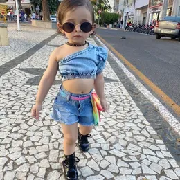 2022 Baby Summer Clothing Girl Two Piece Set Kid Single Shoulder Crop Tops Shirt Ripped Denim Shorts With Pockets for Children