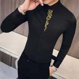 Men's Dress Shirts Royal Embroidery Long Sleeve Shirt Korean Casual Slim Fit Tuxedo Social Shirts Male Clothing Blouse 210527