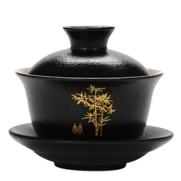 Retro Black Gaiwan with Lid Cover Saucer Kit Ceramic Cup Outline In Gold Lotus Tureen Tea Bowl Teacup Decor Crafts