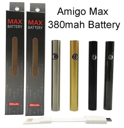 Amigo Max Batteries Button Vape Pen 380mAh Variable Voltage Rechargeable Preheating USB Cable E Cigarettes Vaporizer V9 Thick Oil Cartridges 510 Thread Battery