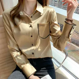Koreańskie Koszulki Jedwabne Kobiety Satynowa Bluzka Kobieta Bluzki Topy Plus Rozmiar Z Długim Rękawem Szampan Top 210427