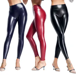 Sträcka elastiska byxor sexiga svarta reflekterande snäva kvinnor höga midjepennor damer skinny pu byxor droppe 211124