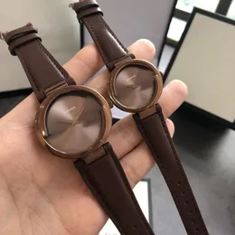 Top classic Women Men Geometric watches Stainless Steel Quartz Wristwatch For Couples Full Brown Leather Clock 27mm 37mm