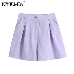 KPYTOMOA Women Fashion Side Pockets Darted Bermuda Shorts Vintage High Waist Zipper Fly Female Short Pants Mujer 210719
