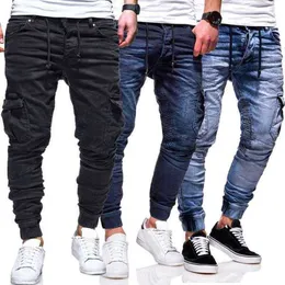 Dżinsy dla mężczyzn Denim Spodnie z kieszeniami Moto Biker Jeans Slim Fit Lace Up Elastyczna Talia Dżinsy Casual Streetwear Spodnie X0621