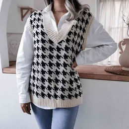 Vårkoreanska V-hals Houndstooth Casual Loose Stick Vest Sweater Vest Outdoor Sweater Waistcoat Ärmlös Överdimensionerad Sweater 210514