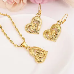 18 k Yellow Gold Necklace Earring Engravable Stacked Two Love Hearts Specific character Matching Pendant Set