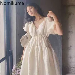 Nomikuma Wiosna Słodki Kobiety Sukienka 3d Jacquard V-Neck Sukienki Puff Sukienki Koreański Wysoka talia A-Line Vestidos de Mujer 6g132 210427
