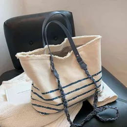 Shopping Bags Designer Large Capacity Tote Chains Shoulder Crossbody Casual Striped Canvas Women Handbags Big Shopper Purses 220307