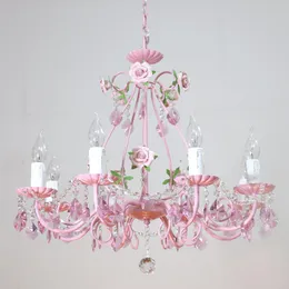 펜던트 램프 플로럴 샹들리에 광택 조명 8arms 핑크 장미 꽃 비품 E14 D66cm LED 장식