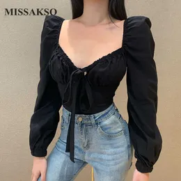 Missakso Donna Backless Crop Top Nero Lace Up Streetwear Manica lunga a sbuffo Moda Donna Scollo a V Sexy Autunno Camicia bianca 210625