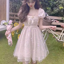 Summer Korean Sweet Chic Bow Bubble Sleeve Mesh Fairy Dress Women Square Collar Girl Lovely Princess Mini Party Robes 210514