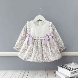 2021Sweet Spring Girls Kids Princess Dress Långärmad Flora Tryckt Bow Barnbarn Spädbarn Casual Dresses Vestidos S11913 G1129