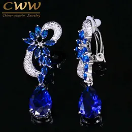 Nie przebity Vintage Królewski Blue CZ Kryształ Kwiat Kształt No Hole Ear Bridal Clip Kolczyki bez przebijania CZ023 210714