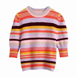 Women Summer Striped Slim Sweater Short Sleeve Knitted O-Neck Female Fashion Sweet Elasticity Sweaters Clothes 210513