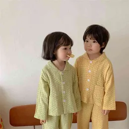 Vår Höst Unisex Spun Cotton Dot Printing Casual Leisure Wear Barn Mjuka Pyjamas Sets 210708