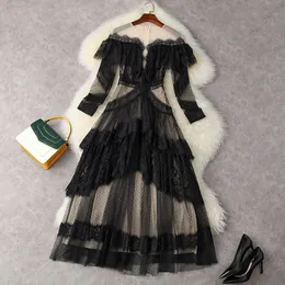 2021 Summer Long Sleeve Round Neck Black Contrast Color Spets Tulle Panel Ruffle Detail Mid-Calf Dress Eleganta Casual Dresses 21W271756T12291