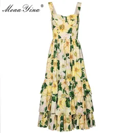 모아 마이나 패션 코튼 드레스 여름 여성 스파게티 스트랩 백리스 동백 꽃 무늬 인쇄 캐스케이드 프릴 코튼 드레스 210331