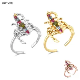 Andywen 925 Sterling Prata Ouro Colorido Aranha Rainbow CZ Ajustável Anéis Mulheres Jóias Fine Aberto Reisable Jóias Presente 210608