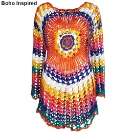 Inspirowany Sexy Crochet Top Kobiety Bluzki Cover Up Summer Beachwear Długi Rękaw Dzianie Czeski Kimono Tunika Damskie Topy 210412