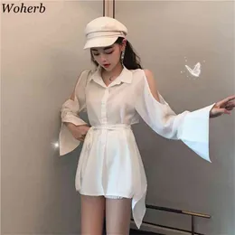 Chic Sexy Backless Off Shoulder Blouse Women Casual Solid Asymmetrical Long Blusas Summer Lady Camisas Para Mujer 210519