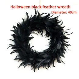 1pcs Halloween Feather Wreath Black Natural Feathers and Foam Circle Material Hanging Halloween Wreath Party Decoration 40cm Y0901