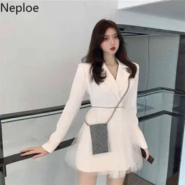 네 플레이드 여성 우아한 블레이저 드레스 솔리드 컬러 정장 칼라 거즈 지퍼 패치 워크 미니 Vestidos 봄 달콤한 흰 드레스 210422