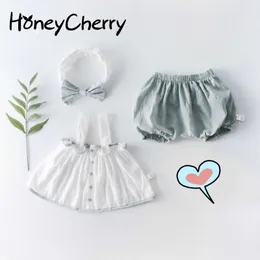 Yaz Bebek Düğmesi Kolsuz Sling Ceket + Bloomers Hairband Girl Üç Parçalı Takım Elbise Kız Giysileri 210515