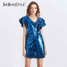 TWOTWINSTYLE Sexy Black Sequin Dress Female V Neck Puff Sleeve High Waist Slim Bodycon Dresses For Women Clothing Summer 210517