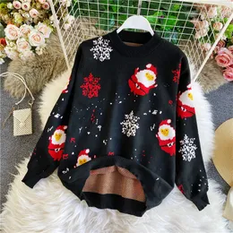 Autumn winter fashion new design women's Christmas New Year red color snowflake santa Claus print knitted sweater top jumpers